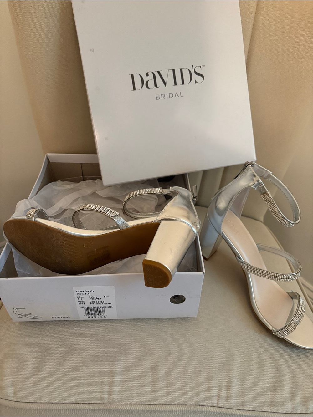 David's Bridal Silver Rhinestone Strappy Block Heel Sandals